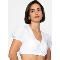 SASSYCLASSY Dirndlbluse Dirndlbluse aus Musselin mit Tupfen für Damen Traditionelle Trachtenbluse mit V Ausschnitt und Puffärmeln Weiß
