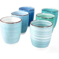 MamboCat Becher 6er Kaffeebecher Set Blue 300ml ohne Henkel Trinkbecher Tee Pott, Steingut