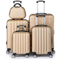 LALAHO Trolley Kofferset Hartschale Reisekoffer, 360° Rollen, 4 Rollen, 5er Set Handgepäck, Koffer, mit Kosmetikkoffer, Champagnergold