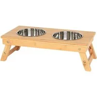 lionto Futternapf erhöht, Bambus-Futterstation mit 2 Näpfen, Edelstahl, höhenverstellbar von 14,5 cm bis 18,5 cm