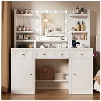 Lexzurn Schminktisch Schminktisch mit LED-Beleuchtung, großem hochauflösendem Spiegel (mit Steckdose und USB-Ports,10 offene Fächer,3 Schubladen, 2 Schränke,5 Schmuckhaken,10 LED-Leuchten, 3 Lichtfarben), Maße: 107 × 40 × 140 cm. Leise laufende Schie