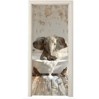 MuchoWow Türtapete Vintage - Elefant - Badewanne - Schaumstoff - Wildlife, Matt, bedruckt, (1 St), Selbstklebende Tapete, Folie für Möbel, 75x205 cm
