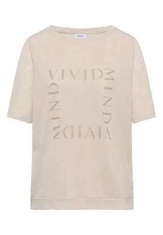 CECIL - T-Shirt in Leinen-Optik mit Print macadamia beige - Gr. - S