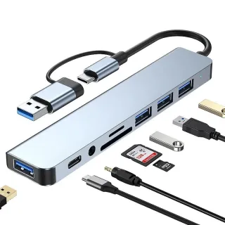 8-in-2 USB-C/USB3.0 Docking Station USB Adapter with USB3.0 USB2.0*3 USB-C Data SD/TF Card Reader Slot 3.5mm Audio Multi