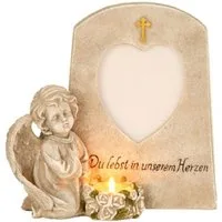 Geschenkestadl Engelfigur Grabschmuck Engel mit Herz Bilderrahmen Teelichthalter Gedenkstein (Spar-Set, 1 St., incl Bilderrahmen in Herzform), Engel Mit Bilderrahmen und Teelichthalter