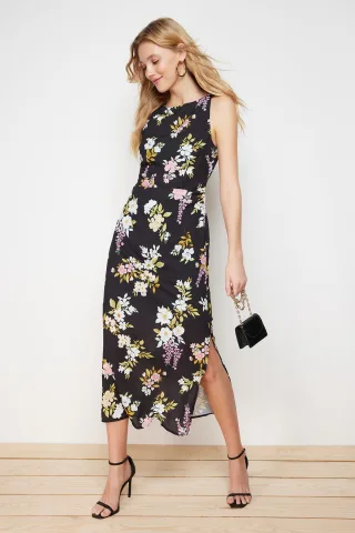 Damen-Midikleid mit Blumenmuster, ärmellos, Abend-/Alltagskleid, normale Passform