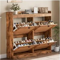 GarveeMore Schuhschrank aus Rattan mit 4 Klappschubladen für Eingangsbereich,Flur 105x23x96cm freistehender Schuhschrank aus Holz mit verstellbaren Einlegeböden