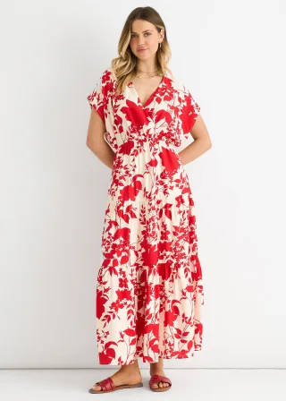Rotes Maxikleid mit Blumenmuster und elastischem Bund