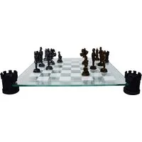 MystiCalls Spiel Schachspiel Ritter mit Glasbrett Ritterschach Ritterspiel Schach Spiel, Strategiespiel, Inklusive Glasbrett