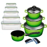 KING Topf-Set ALUGUSS, Aluminiumguss (Set, 19-tlg., je 1 Kochtopf 16/20/24 cm, 1 Stieltopf 16 cm, Vorratsdosen-Set, Grips), Glasdeckel, Induktion,Keramikantihaftbeschichtung
