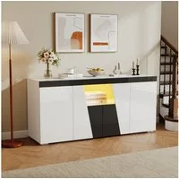 BlingBin Sideboard Wohnzimmerschrank Anrichte Küchenschrank (Abgewinkeltes Design, 1 St., mit LED-Lichtleiste, 3 Schränken und 4 Türen), 140L x 40B x 65H cm, Schwarz + Weiß