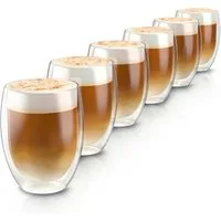 Arendo Gläser-Set doppelwandige Thermogläser, 350 ml Kaffeetasse, Trinkglas ohne Henkel, 6-tlg., Glas, für Latte Macchiato, Cappuccino, Tee, hitzebeständig spülmaschinenfest