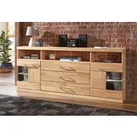 OTTO home Sideboard Ribe,180cm breit, Fronten Massivholz,7 Fächer,Böden versetzbar, Korpus Holzwerkstoff,Türen mit Glaseinsatz,3 breite Schubladen