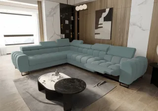 Ecksofa Schlafsofa BASTIEN RELAX in Stoff Gemma Türkis Ottomane Links