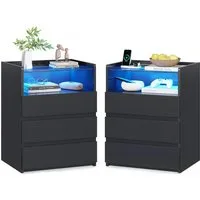 MSMASK Nachttisch mit LED-Beleuchtung und Steckdosen, 3 Schubladen, 45x35x61cm (2-St), Nachtschrank mit Sichtbarer Glastischplatte