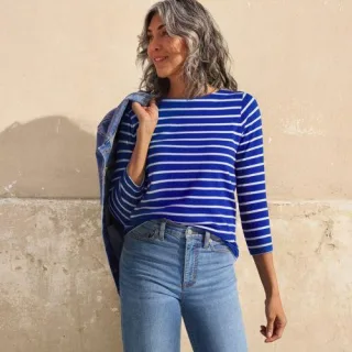 Gestreiftes Baumwollshirt mit 3/4-Ärmeln für Damen, Damen, size: regular, Blau, Baumwolle, by Lands' End
