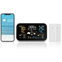 Brandson Funk Wetterstation mit Wlan & Farbdisplay, App & 2 Außensensoren Wetterstation (2x Außensensor,Netzteil,Bedienungsanleitung, Tuya & Smart Life, 3-Tage-Prognose, Raumklima-Anzeige, Wecker)