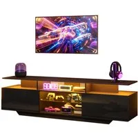 Merax Lowboard mit LED-Beleuchtung, Hochglanzfront & Glasregalen (1 St., für 70-Zoll-Fernseher), TV-Schrank TV-Board mit 2 Schränke & 8 Ablageflächen, 160x40x45cm