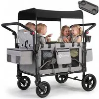 Sekey Bollerwagen 4 Kinder zum Sitzen Kinderwagen Faltbar mit Dach Zwillingskinderwagen, Handwagen für 2-4 Kinder, mit 4 integrierten 5-Punkt-Gurtsystem