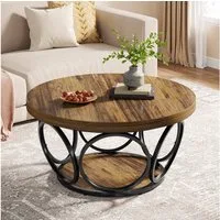 Tribesigns Couchtisch Runde Kaffeetisch Beistelltisch, Industrial 2-Tier-Kreis Holztisch, Bauernhaus Große Runde wohnzimmertisch, Moderne Braune Teetisch