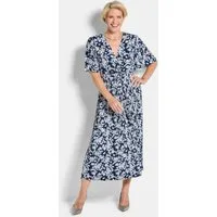 GOLDNER Sommerkleid Wickelkleid mit floralem Design Jerseykleid mit V-Ausschnitt, Bindeband, Wadenlänge und Halbarm
