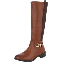 Ital-Design Klassische kniehohe Stiefel für Damen mit modischer Schnalle Stiefel (90169492) Blockabsatz Flache Stiefel in Camel