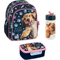 DERFORM Kindergartentasche Kindergarten Set Hund Kinder Rucksack Tasche Brotdose Trinkflasche (3-tlg)