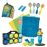 alldoro Spiel XL Outdoorspiele Set mit Boccia für Kindergeburtstag, Party & Familie, 5 in 1 - Boules, Sackhüpfen, Eierlauf, Säckchen werfen & Dreibeinlauf