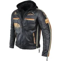 Alpha Speeds Motorradjacke Herren Leder Jacke Biker Freizeit Highway Jacke Orange/Beige Streifen (Trennbare Innenjacke + Kapuze) aus weichem Lammleder, mit herausnehmbare Protektoren