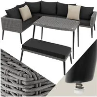 tectake Loungeset Rattan Sitzgruppe mit Sicherheitsglasplatte, schlanke, hohe Beine, (Gartenlounge-set Pula, 3-tlg., geeignet für Outdoor in Grau), wetterfest und UV-beständig, Dicke der Sitzpolster 8 cm