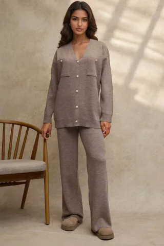 V-Ausschnitt Cardi und Hochbund Weite Hosen Strick-Set