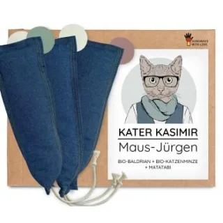 Kater Kasimir MAUS-JÜRGEN - XXL Spielmaus, handgemacht aus robustem Jeans-Stoff und Leder Ohren (3er Set)