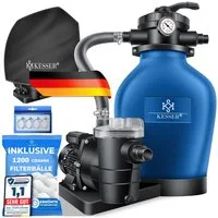 KESSER Sandfilteranlage 600W Sandfilter für Pools 13200L/h Durchfluss Poolfilter 7-Wege Ventil (Filteranlage mit Pumpe, 1200g Filterbälle Druckmanometer, Abdeckung), Tankvolumen für bis 30kg Sand Professionelle Poolwasserfilterung