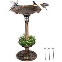 KOMFOTTEU Vogeltränke, Vogelbad Winterfest mit Solar Licht & Blumentopf