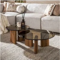 alesvelt Couchtisch TINTO ROTONDO – Runde Satztische mit Rauchglas und Eichenholz-Sockel (2er-Set), 76x31cm 58x36cm Eichenholz-Optik Rauchglas