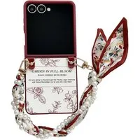 Wigento Handyhülle Für Samsung Galaxy Z Flip7 5G Blumen Hülle Halstuch und Perlenkette, Blumenmuster, Schalgriff, stoßfest