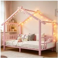 Flieks Kinderbett, Metallbett in Hausform 90x200cm mit Sicherheitsgitter und Lattenrost