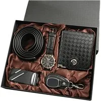 ibettertec Geschenkbox 4PCS Männer Gürtel Quarzuhr Geldbörse Schlüsselanhänger (Herren Geschenkbox Sets,für Ihren Vater,Männer, Sohn, Freund und Kollegen, Geschenke für papa, Geschenk Vatertag, Weihnachtsgeschenk), mit Ledergürtel Wallet Watch Schlüs