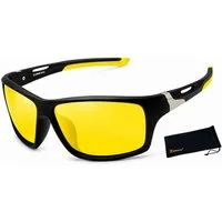 Rennec Sonnenbrille Herren Polarisiert Gelb Getönt Night Vision Nachtfahrbrille Wrap Around Rahmen Schwarz Matt Gläser Gelb UV400 cat.1 Brillenbeutel