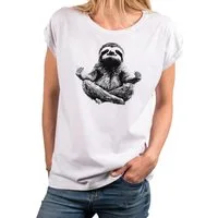 MAKAYA T-Shirt Kurzarm Damen T-Shirt mit lustigem Faultier-Yoga-Aufdruck (Weiß, Rosa, Hellgrau, Grün, Dunkelgrau, 34, 36, 38, 40, 42, 44, 46, 48, 50) Baumwolle