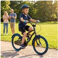 Actionbikes Motors Kinderfahrrad Kinder Fahrrad Cruiser 18 Zoll - Kinderfahrrad ab 5 Jahre, 1 Gang, ohne Schaltung, (Trapez-Rahmen, V-Brake-Bremsen, max. Zuladung 35kg, schwarz / blau, Klingel, Kettenschutz, Reflektoren, Katzenaugen, Fahrradständer),