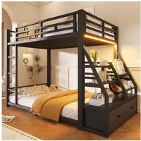 Merax Etagenbett mit LED-Beleuchtung, Metallbett (Jugendbett Stockbett Doppelbett, 1-St), Kinderbett 90x200cm mit Stoffschubladen Ablagefächern Leiter Geländer