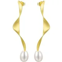 Runde Perlé Perlenohrringe Mila, gedrehter Stab mit Perle, handgefertigte Hängeohrringe, Süßwasserperlen, 925er Silber, 18K Gold