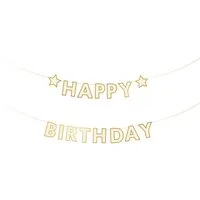partydeco Girlande, Happy Birthday Girlande 14x220cm Banner Weiß / Gold