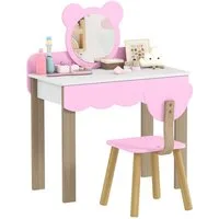 AIYAPLAY Schminktisch mit Hocker, Spiegel, Schubladen, Zubehör (Frisiertisch aus Holz, 2-St., Make-up Tisch Set im Bärendesign), Prinzessin Kosmetiktisch für Mädchen 3-8 Jahre Rosa