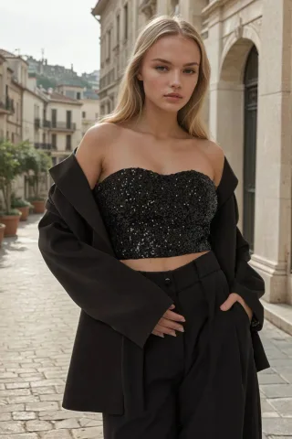 Herz-Kragen Pailletten Crop-Top