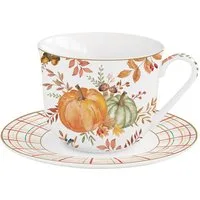 EasyLife Tasse Harvest, Porzellan, Spülmaschinengeeignet, Mehrfarbig, Kürbis, Blätter + Karos, H: 9.5cm