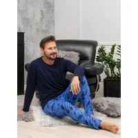HOTBERG Pyjama Schlafanzug Herren lang (2 tlg) mit Print-Hose – Baumwolle Marine-Blau