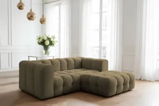 Ecksofa Designersofa SOLVIE XS in Stoff Moly Moosgrün Ottomane Rechts