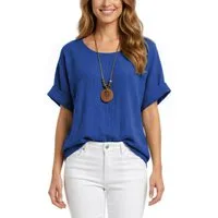 dy_mode Kurzarmbluse Damen Kurzarm Bluse Leichte Sommer Tunika Baumwollbluse Oberteil in Unifarbe, mit passende Kette